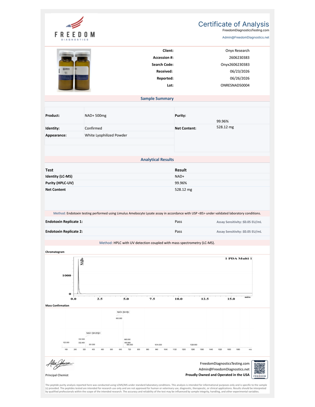 Freedom Diagnostics Certificate of Analysis — NAD+ 500mg