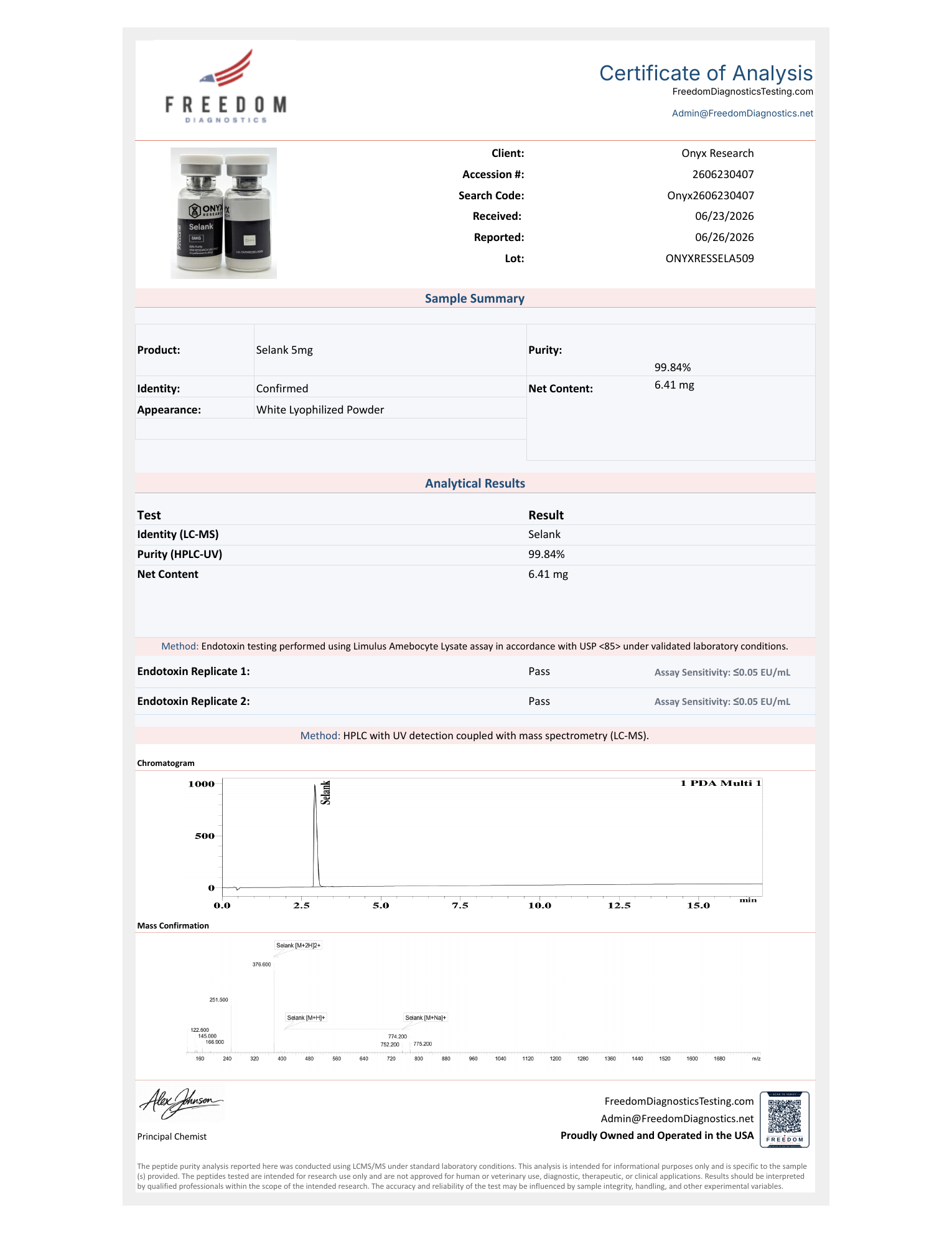 Freedom Diagnostics Certificate of Analysis — Selank 5mg